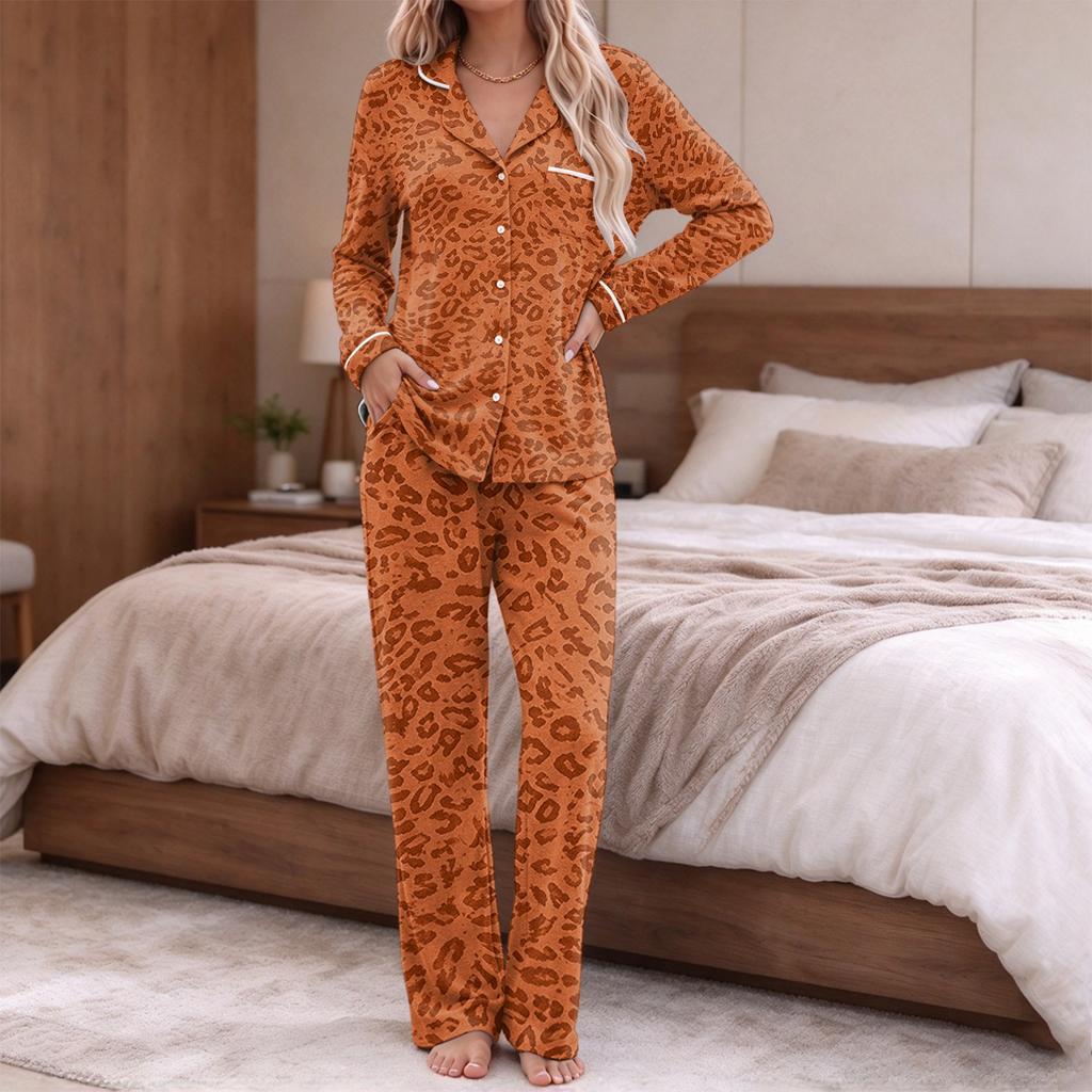 Women's Printed Pajama Set Long Sleeve V-Neck Button-Up Top and Pants with Pockets for Loungewear
