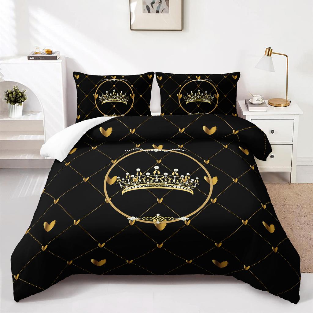 3pcs Luxury Golden Crown Heart Bedding Duvet Cover Set Queen Princess Bedding Quilt Set Elegant Black Golden Themed Bed
