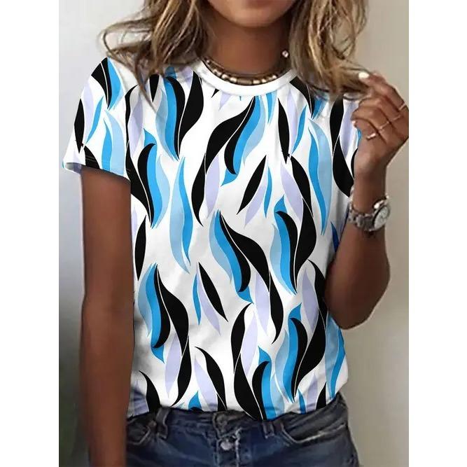 Summer Round Neck Geometric Pattern Color Block 3D Print Top Fashionable Casual Short Sleeved Women's T-shirts