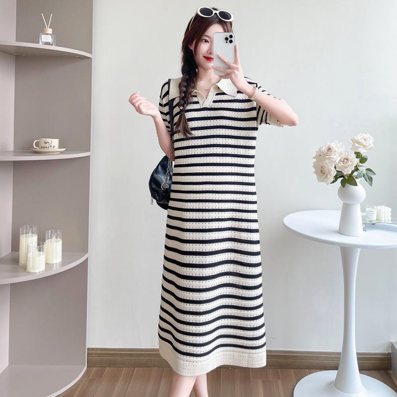 

2026 Summer Striped Knit V-Neck Mid-Length Maternity Dress XXL чорний