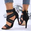 Fashion Sexy Lace Cross Strap Zip Sandals Women 2025 Summer Black Glitter Mesh Super High Heels Pumps Steel Tube Dance Shoes Women