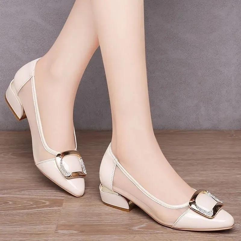 WTEMPO Rhinestone Low Thick Heel Mesh Singe Faux Leather Shoes Women Mesh Breathable Versatile Solid Color Cool Pumps