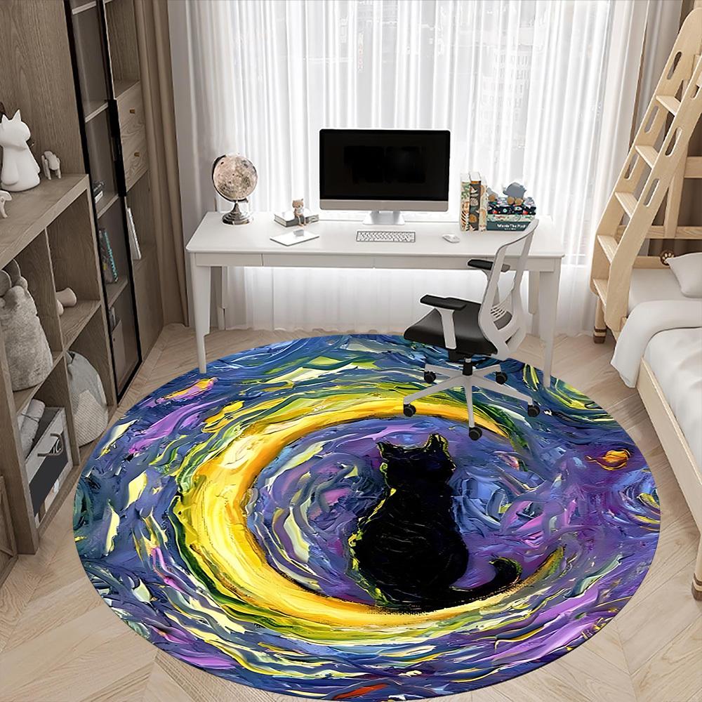 1pc Whimsical Feline Office Round Area Rug, Indoor Mat Suitable ForOffice, Under Office Chairs Bedroom Living Room Home Decor T180