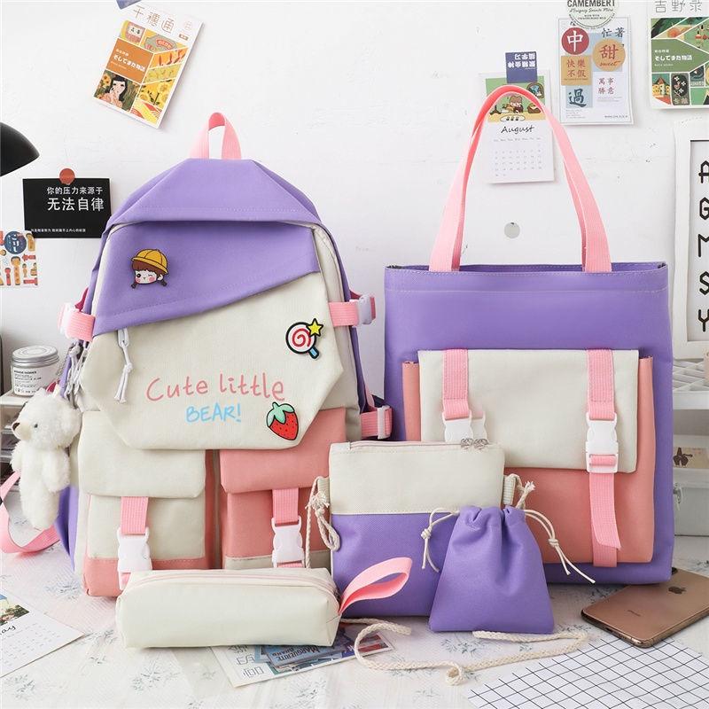 IELGY Korean version trend student backpack contrast color Harajuku large capacity five-piece set