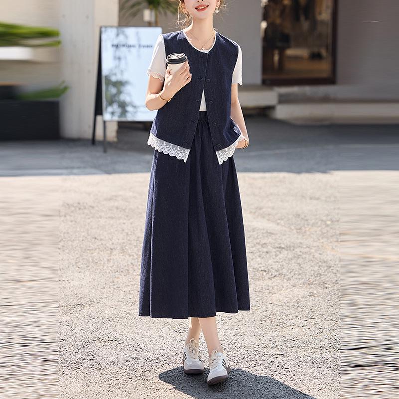 Chic 2025 Summer Denim Skirt Set: Slimming Vest & Midi Skirt for Women