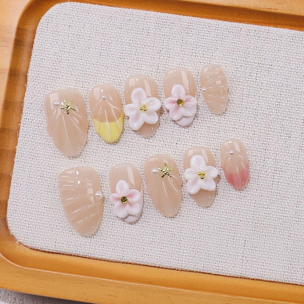 10Pcs Cat Eye Almond Press On Nails Handmade 3D Flower Design Reusable Stick On False Nails For Women