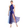 Rhinestone Color Block Mesh Leotard for Women S-XXL: Sleeveless Slit Hem Bodysuit Dress for Lyrical Contemporary Dance Costume