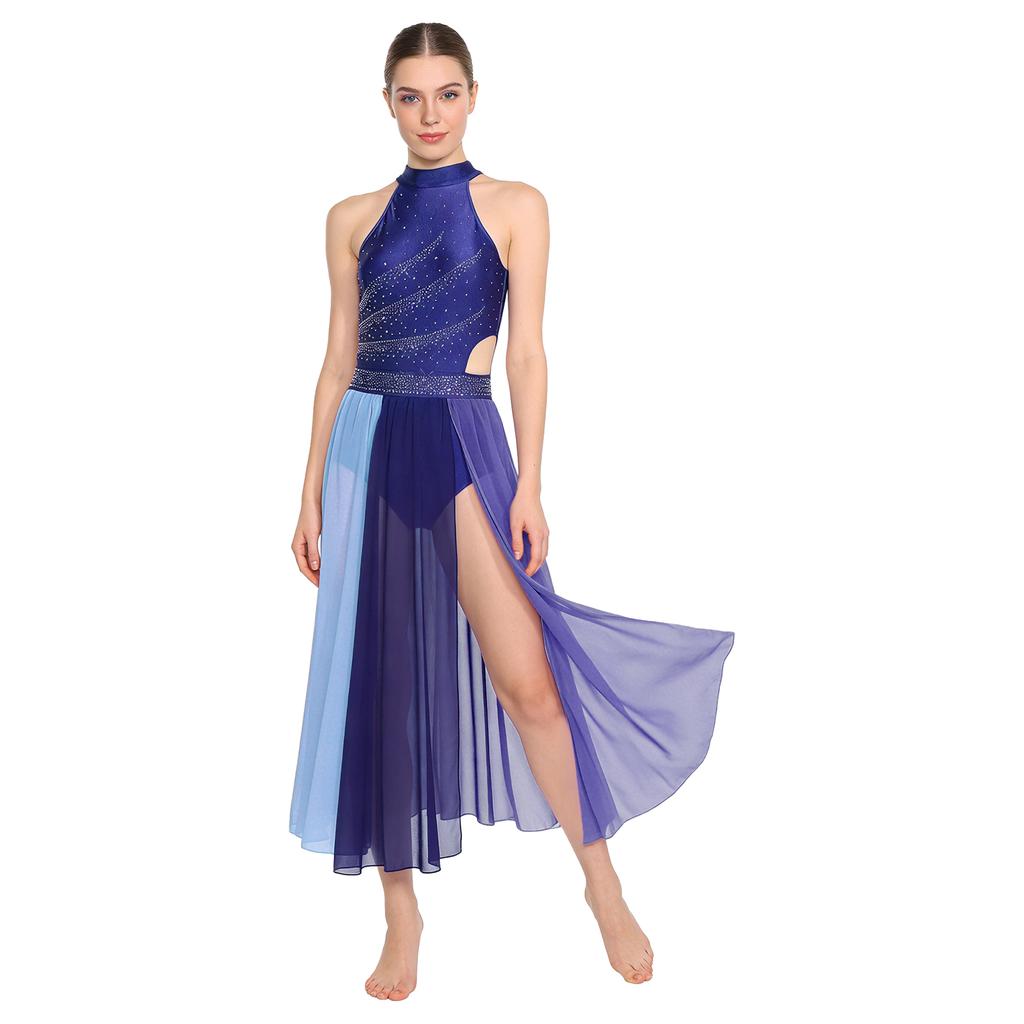 Rhinestone Color Block Mesh Leotard for Women S-XXL: Sleeveless Slit Hem Bodysuit Dress for Lyrical Contemporary Dance Costume