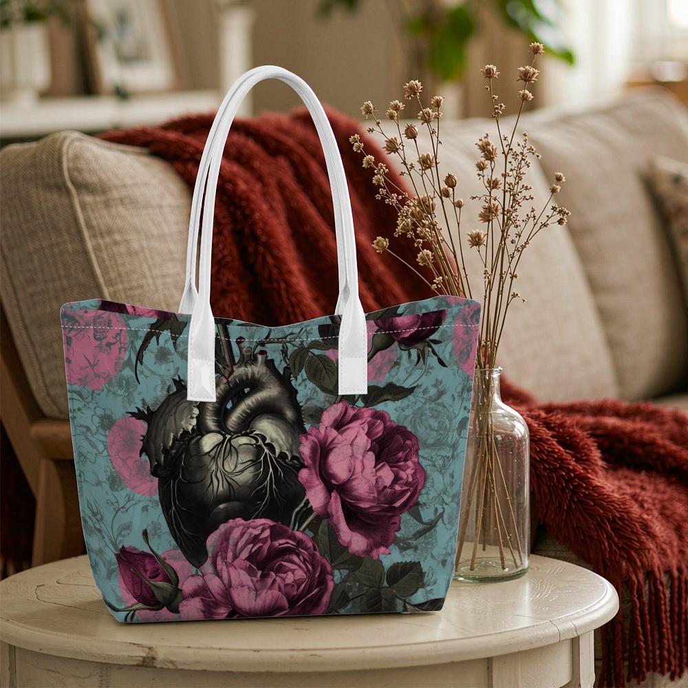 Gothic Heart Rose Print Tote Bag Fashion Daily Carry Handbag Unique Design Shoulder Bag