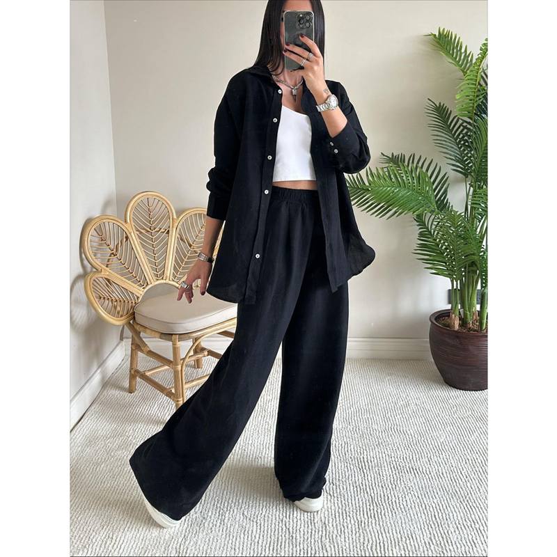 Cross border Set Women's Cardigan Solid Color Pocket Long Sleeve Shirt Loose Elastic Waist Pants Women's Two Piece S