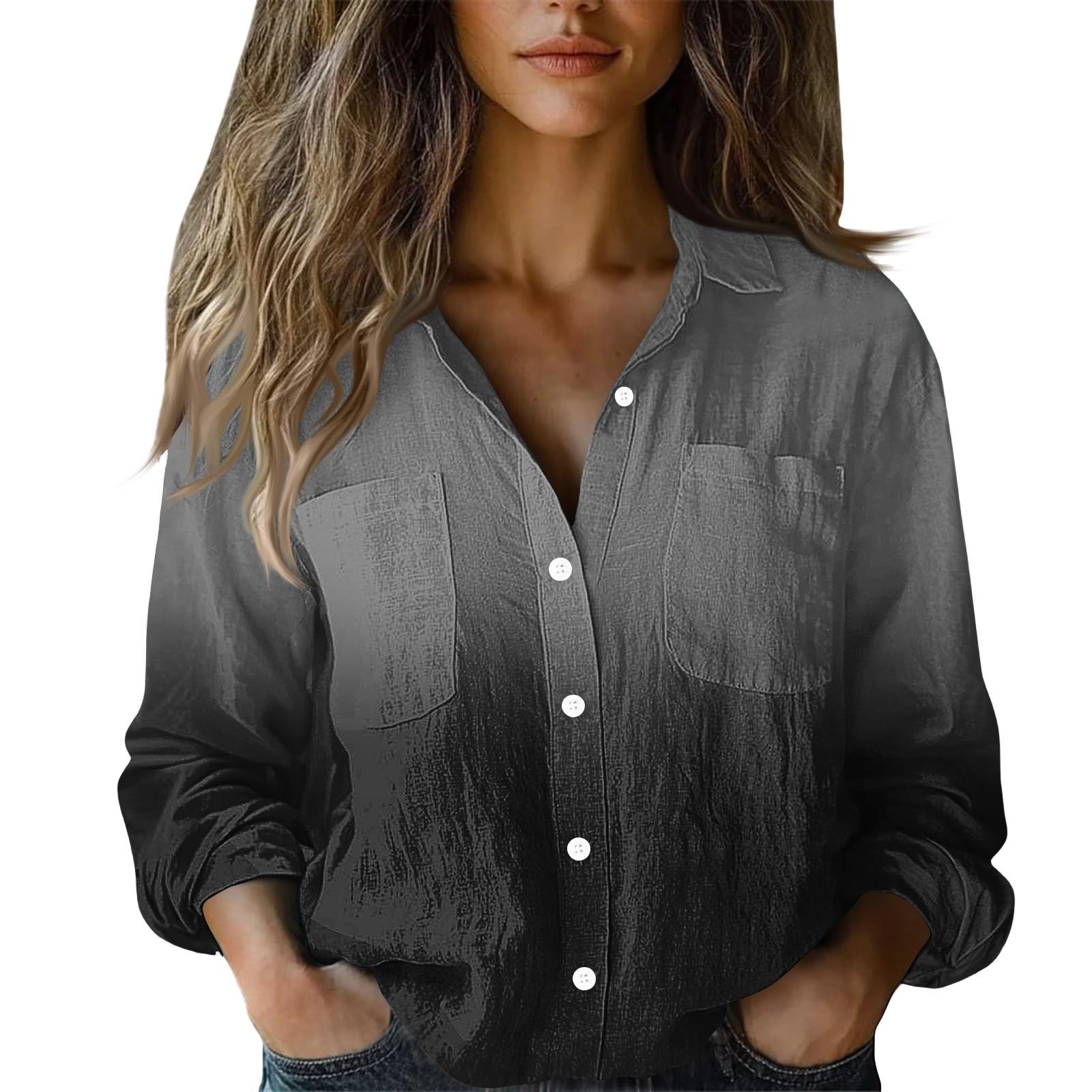 Women s Fashion Button Lapel Pocket Casual Shirt Gradient Long Sleeve Top XXL