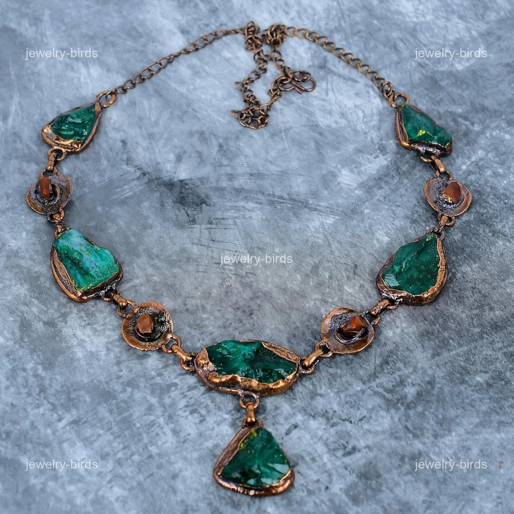 Green Tourmaline Gemstone Copper Electroformed Wife Gift Chain Necklace Jewelry VP-111