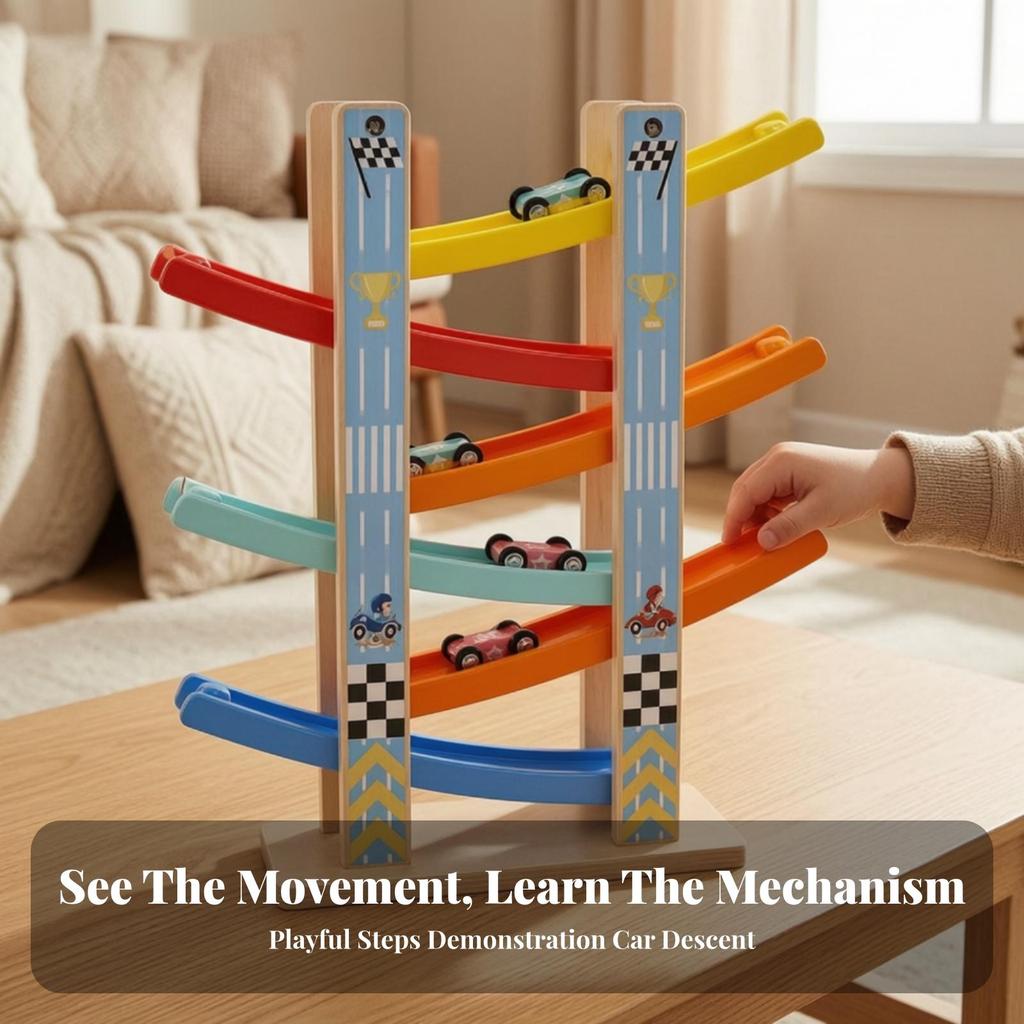 Four-Track Sliding Car Toy Educational Wooden Ramp Race Track Set Racetrack
