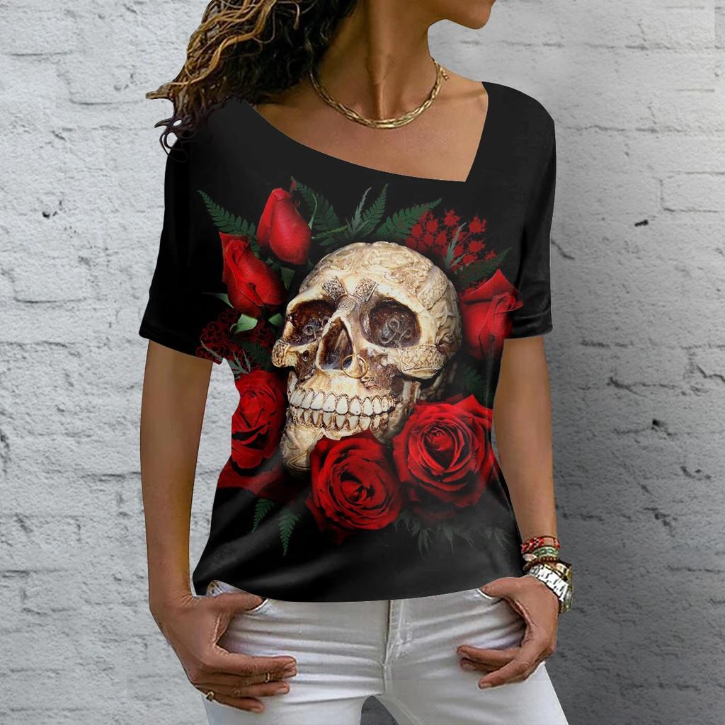 Vintage Skull Women's T Shirt 3D Printed Skew Collar Blouses Casual Short Sleeve Pullover Tops Summer Oversized Clothes Tees