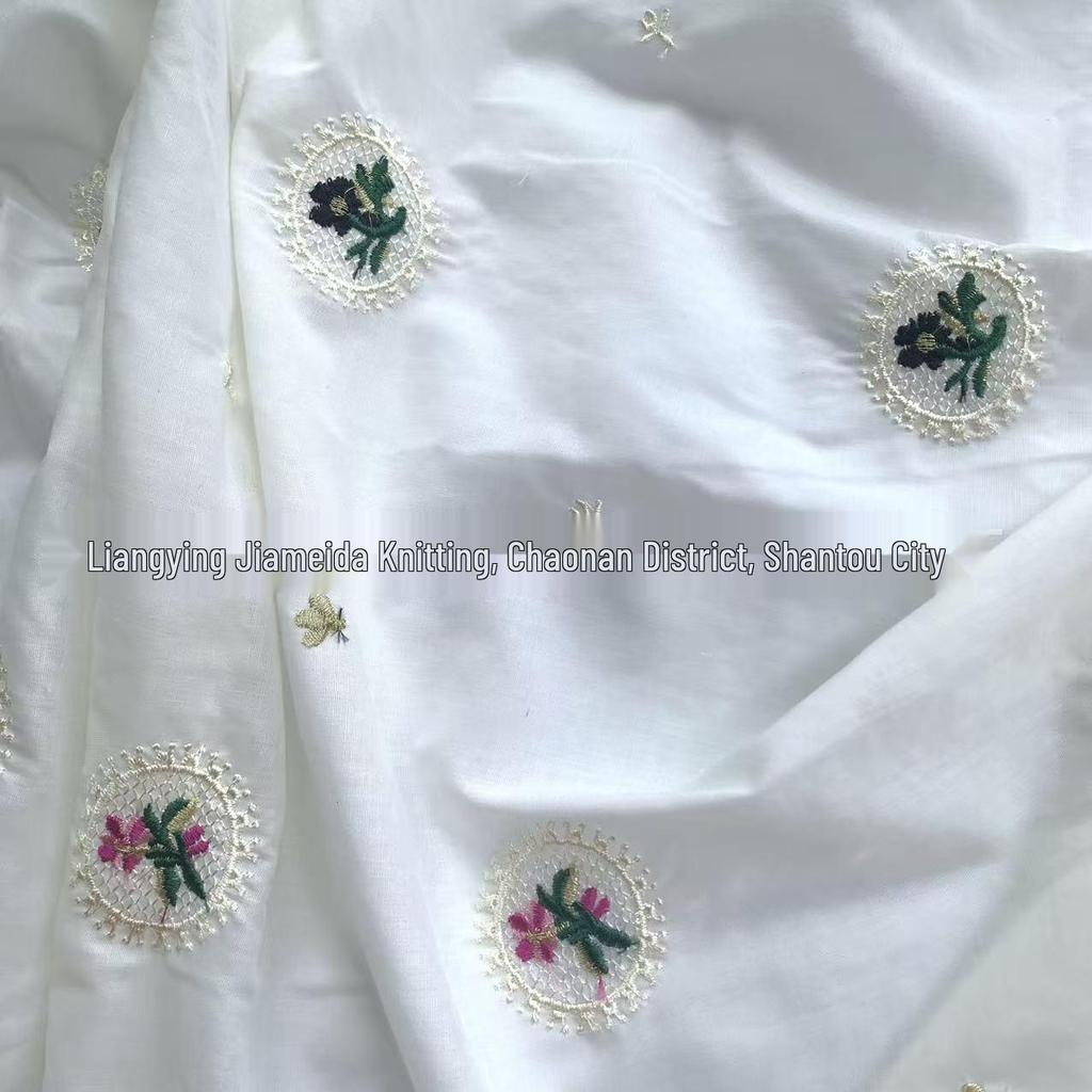 Light Apricot Cotton Fabric with Small Embroidered Flowers - Fresh Style for Women's Clothing and Children's Bags.