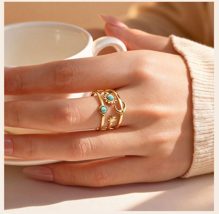 Stainless Steel Star Moon Ring for Women, Waterproof Layered Stackable Open Finger Ring, Boho Celestial Jewelry Adjustable