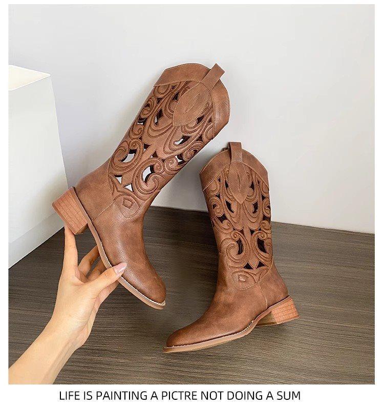 Women's Martin Boots V Desert Boots Boots Breathable New Thick Heel Cowboy Boots Western Mouth 2025 Hollow Embroidery