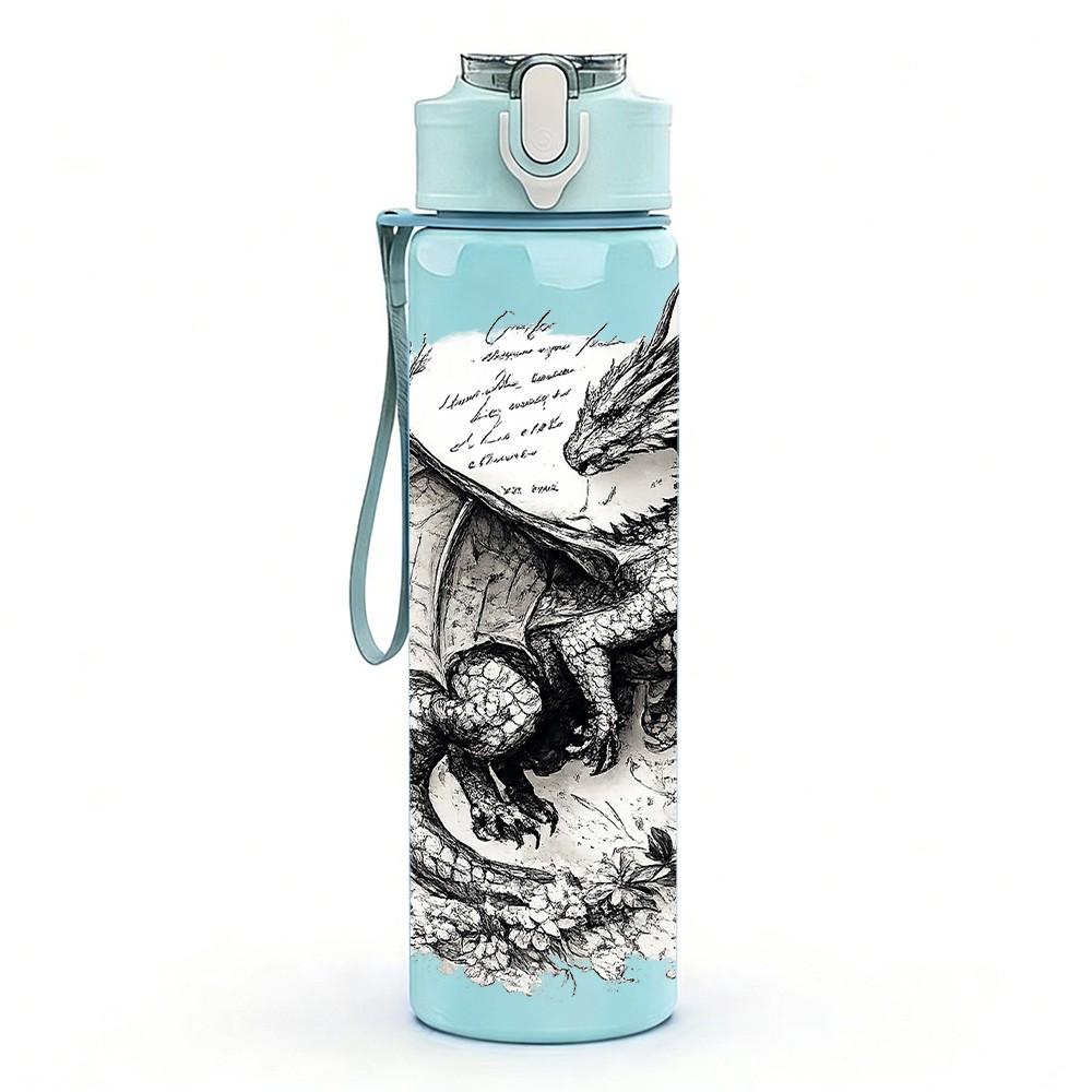 1PC Dragon Sketch Black Ink Art Print 750ml Color Plastic Sports Water Bottle Leakproof Flip Straw Lid Suitable for Sports Office Home Use