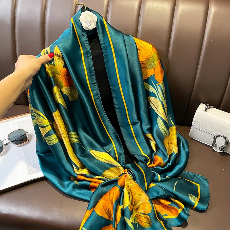 Painting Floral Design 100% Silk Feeling Scarf For Women 180X90Cm Shawl Wraps Luxury Female Hijab Headband Foulard Beach Stoles