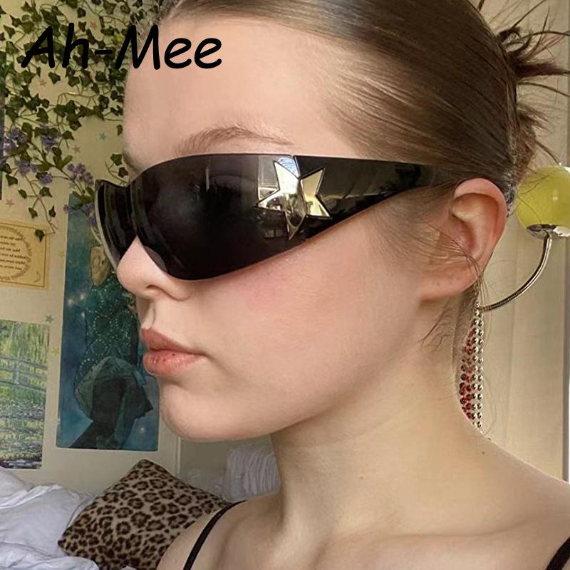 Cycling Y2K Rimless Punk One Piece Sunglasses Women Goggle Luxury Brand Shades Sun Glasses Female Five Star Wrap Around Eyewear