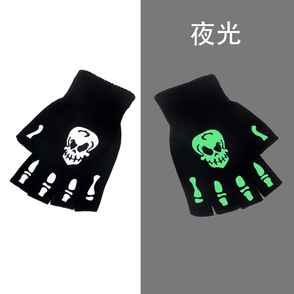 New Adult Halloween Skelett Schädel Halbfinger Leuchtende Punk Handschuhe Damen Winter Warm Halten Gestrickte Schädel Fingerlose Schwarze Fäustlinge One Size black