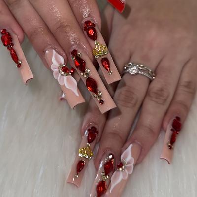 Press On Nails Long Square Fake Nails French Tip Glue On Nail with Rhinestones Designs Reusable False Acrylic Nails Full Cover Stick On Nail for Women