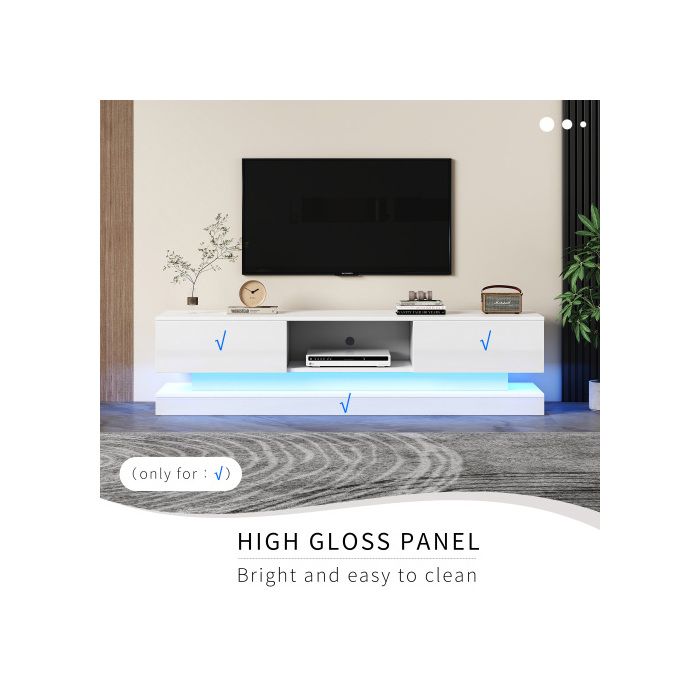 Meuble TV - MUVOE - 160x35x40.5 Cm - Blanc Brillant - 2 Tiroirs - Éclairage LED Contrôlé Par Application