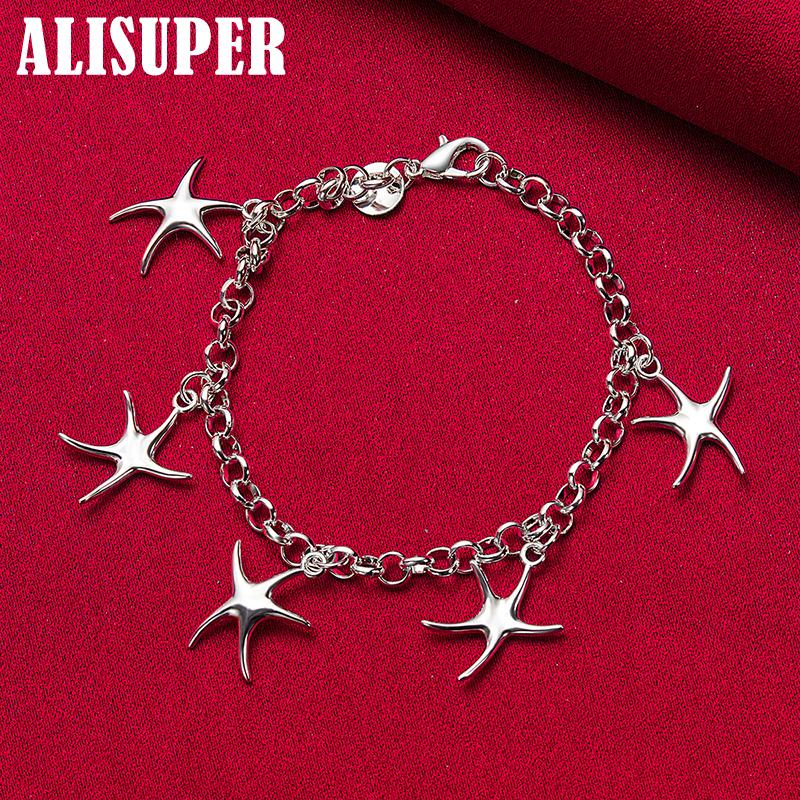 925 Sterling Silver Five Starfish Pendant Bracelet Jewelry