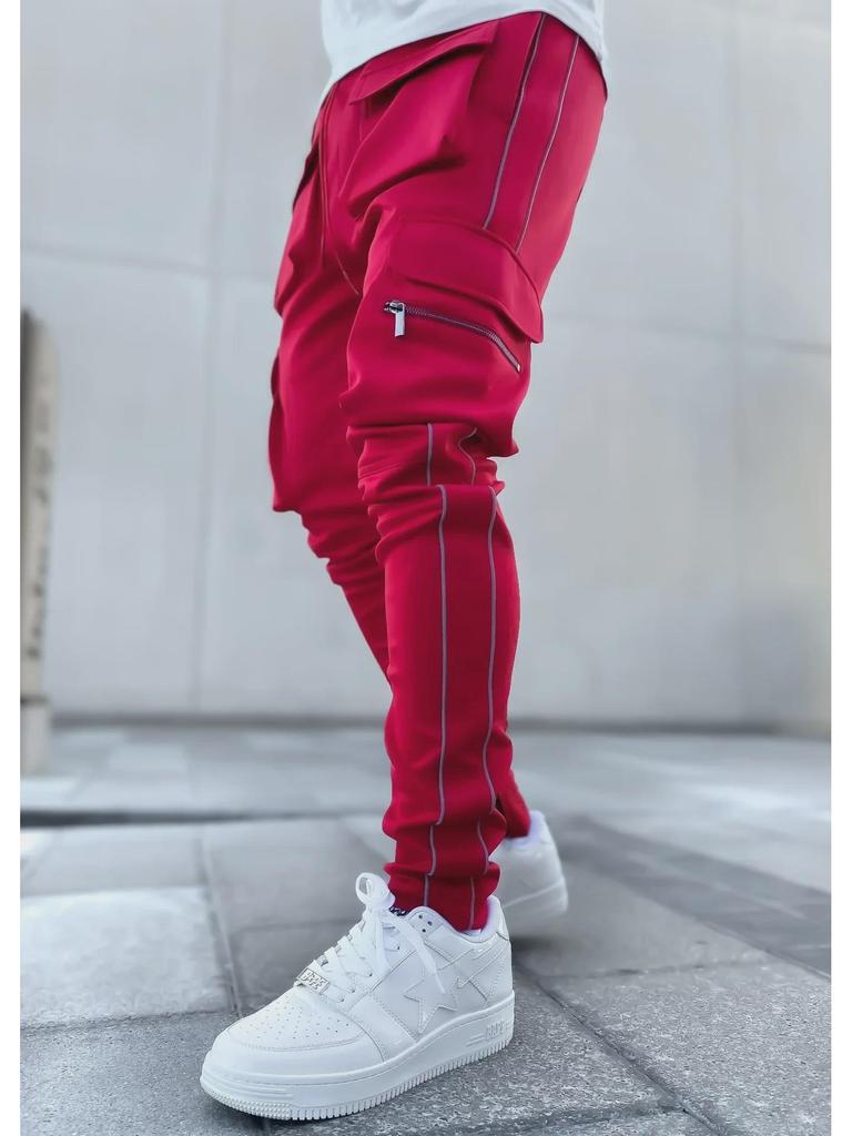 Pánské reflexní elastické cargo kalhoty slim fit: Trendy sportovní a volnočasové oblečení na jaro a podzim