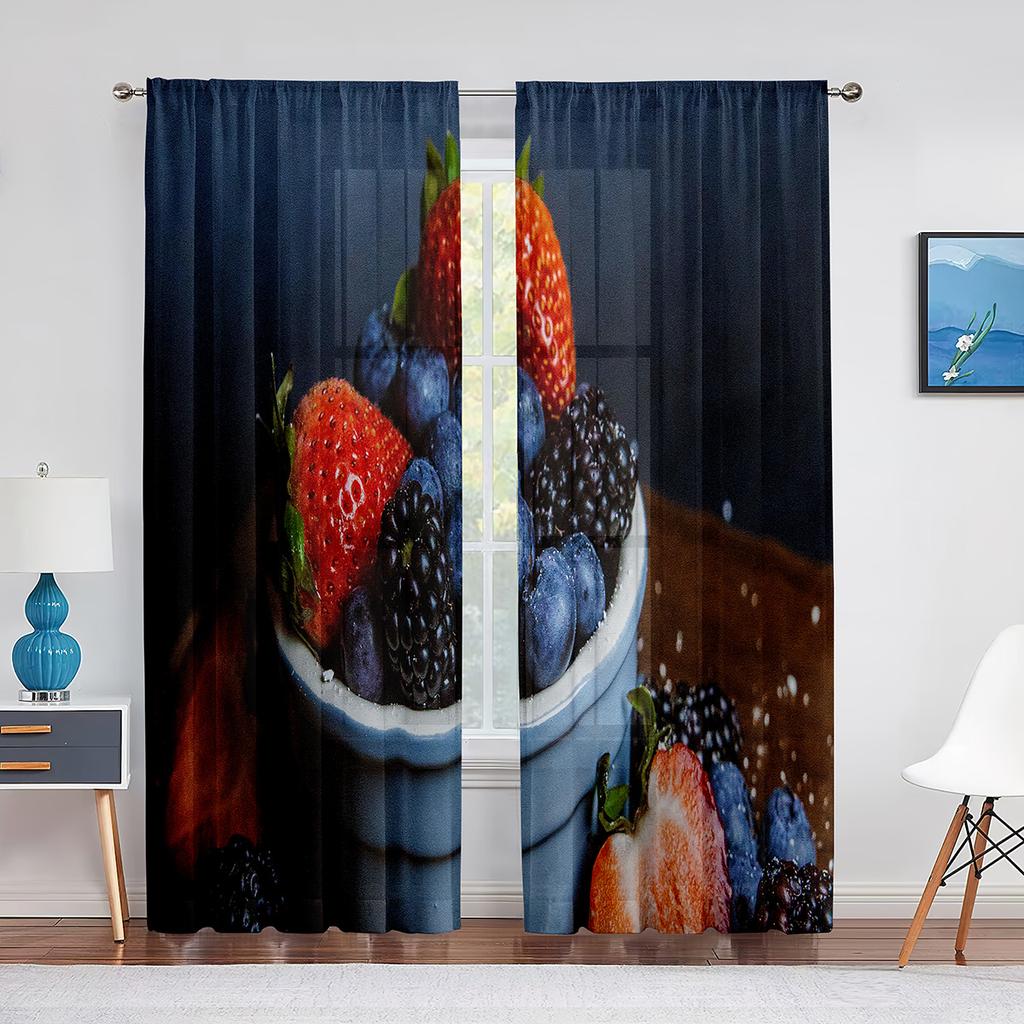 Blueberries Fruit Green Leaf Tulle Curtains for Living Room Bedroom Decoration Chiffon Sheer Voile Kitchen Window Curtain Drapes