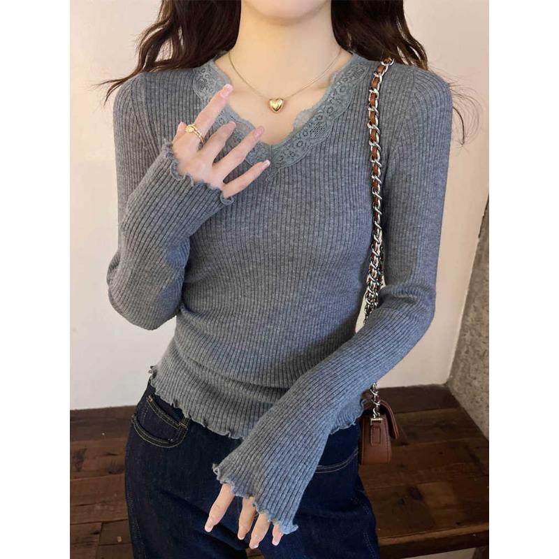 Fashion V Neck Lace Splice Knitted Bottoming Shirt Women's Elegant Casual New Slim Fitting Top Elegant Solid Color Sweet Long Sleeve Clothing