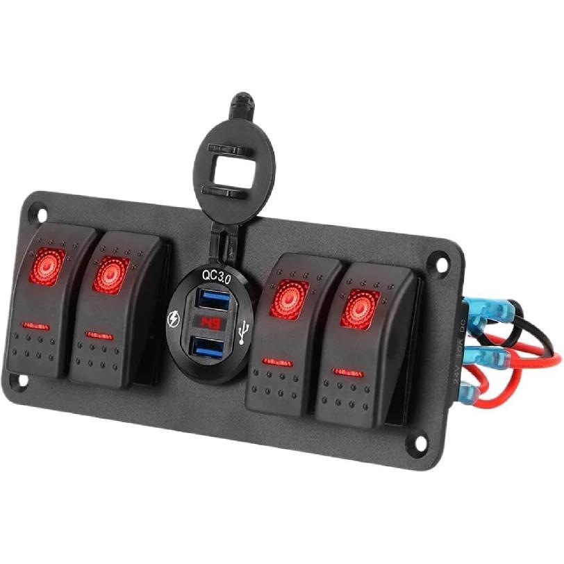 

24390 Universal Switch Panel Assembly ABS Aluminum Construction Dual USB Port Digital Voltmeter IP65 Waterproof CE Certified 12V/24V Operation красный