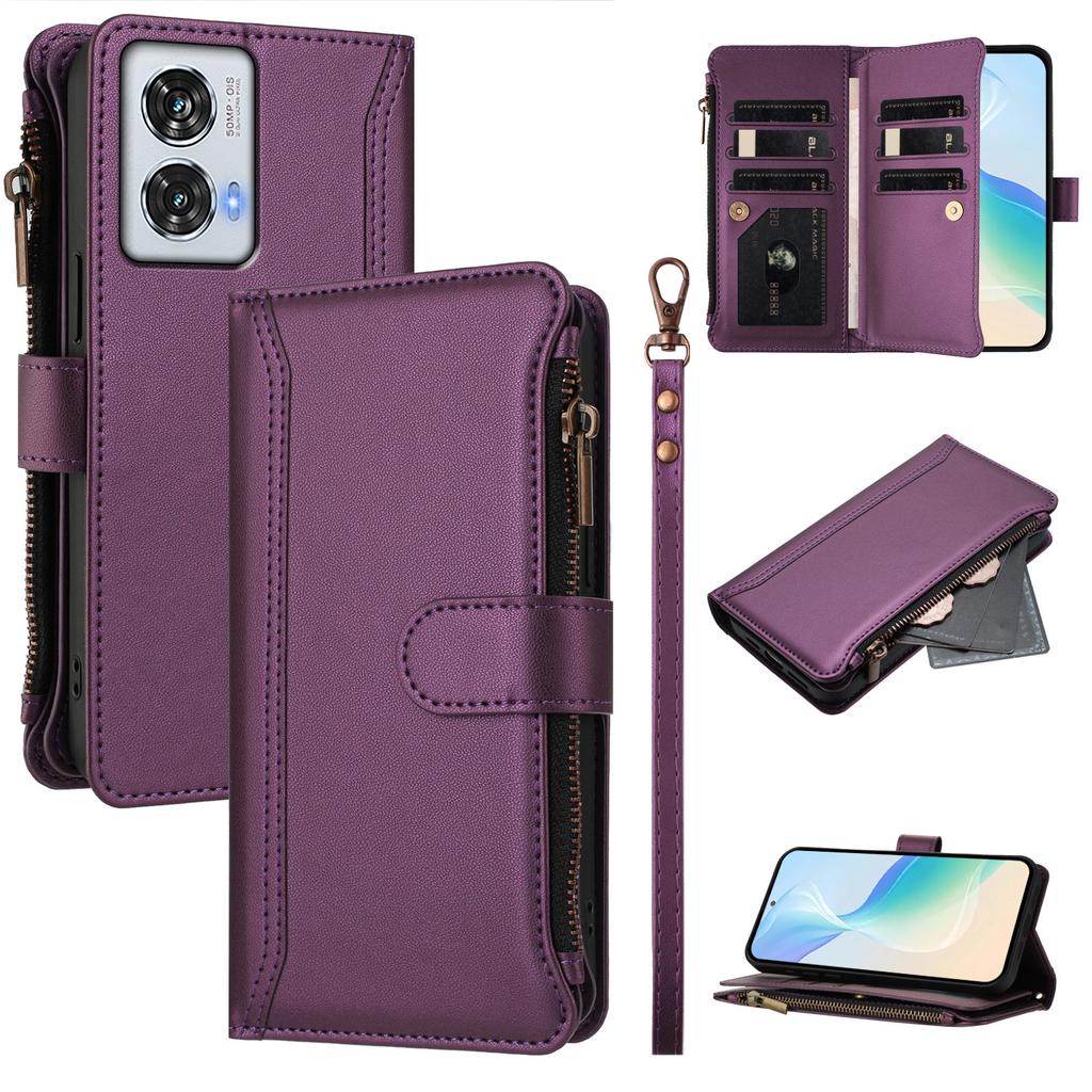 For Motorola Moto G85 5G/Motorola Edge 50 Fusion 5G Leather Case 9 Card Slots Zipper Wallet Stand Phone Cover with Wrist Strap