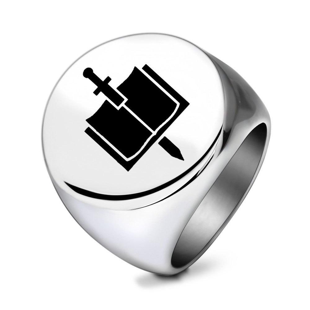 22MM Retro Smooth Round Stainless Steel Laser Engraved Book Sword Ring” Size 11