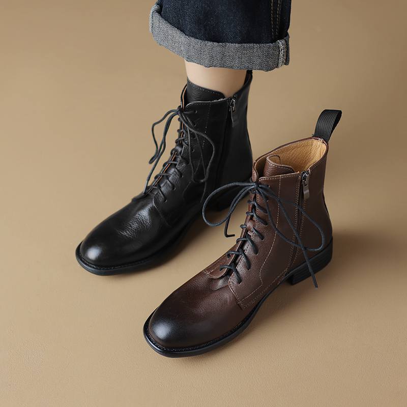 Krazing Pot Cow Leather Winter Round Toe Thick Low Heels Western Boots Women Lace Up Retro Ankle Boots