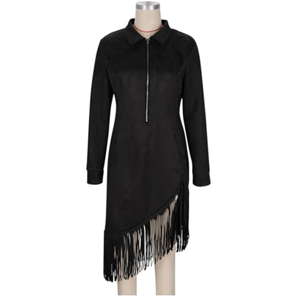 Damenmode Einfarbig Western- Wildleder Fransen Slim-Fit Langarmkleid