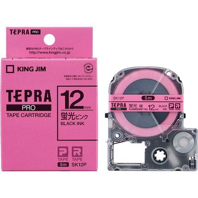 Kingjim Tepra PRO Tape Cartridge Color Label 12mm Fluorescent Letters Length 5m SK12P [Genuine] (Fluorescent Color) Pink/Black