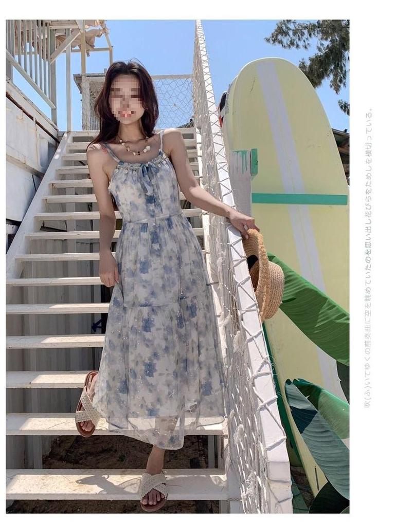 Elegant French Style Floral Spaghetti Strap Long Dress - Summer Slimming Resort Wear