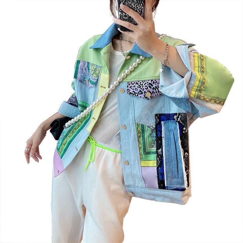 Autumn Woman Chic Denim Jacket Hit Color Print Patchwork Designer Jean Outerwear Lapel Collar Long Sleeve Loose Streetwear Style Cowboy Coat