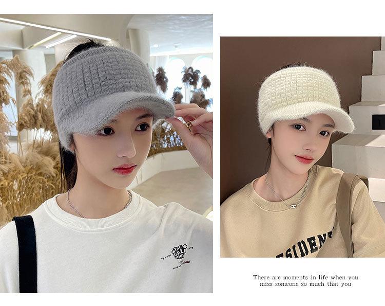 Women's Fleece-lined Wool Knitted Wide Brim Visor Hat for Autumn & Winter Sports