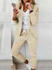 Women's Casual Khaki Suit Set Loose Fit Blazer and Pants with White V-Neck T-Shirt