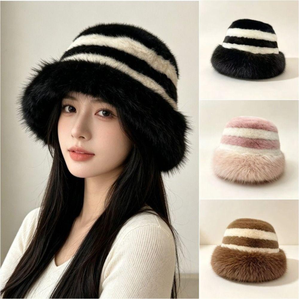 Thick Fur Bucket Hat Wide Brim Ear Protection Basin Hat Fashion Striped Fisherman Cap Winter