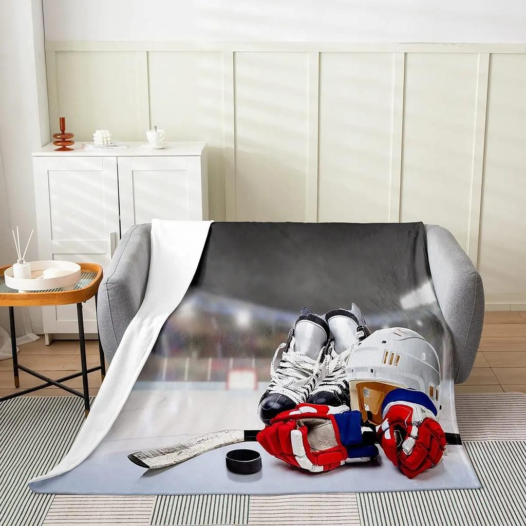 Ice Hockey Flannel Throw Blanket Winter Sport Pattern Blanket for Bed Sofa Couch Warm Lightweight Super Soft King Queen Size