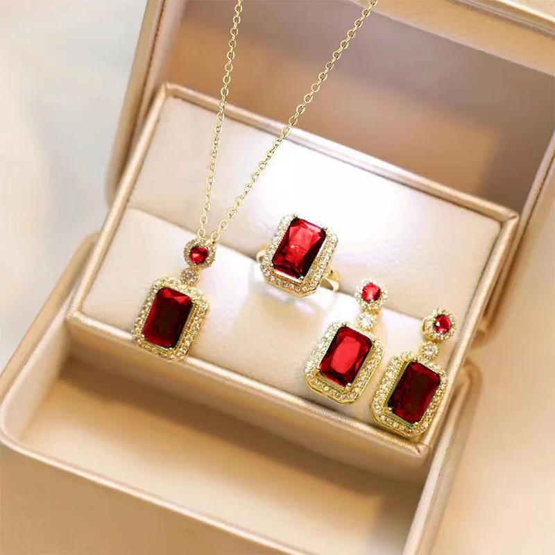 

3Pcs/set Fashion Red Crystal Necklace Earrings Ring for Women Luxury Wedding Engagement Jewelry Shining Party Jewelry Gifts красный