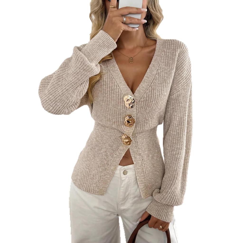 Minimalist V-Neck Button Knit Cardigan Sweater for European and American Women
