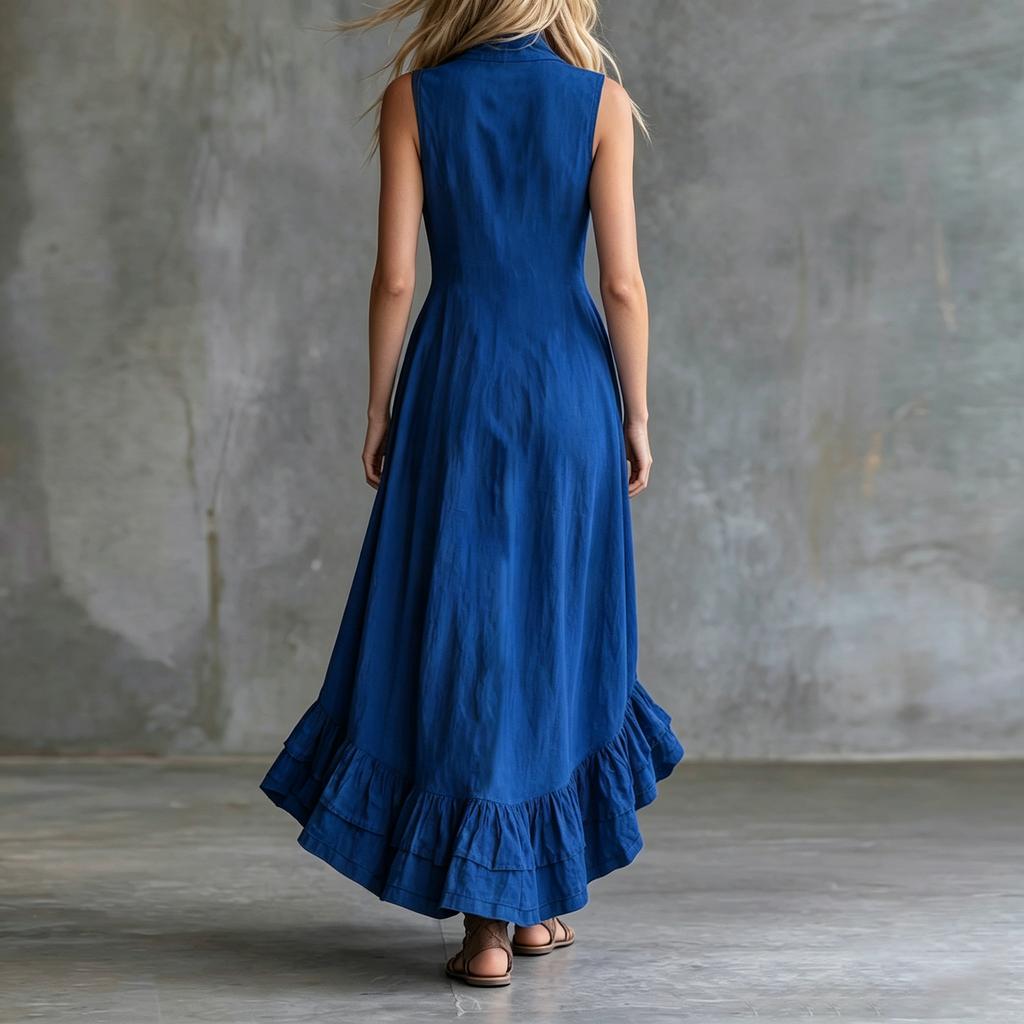 Women's Fashionable Color Sleeveless Retro Casual Lapel Zipper Ruffle Hem Dress