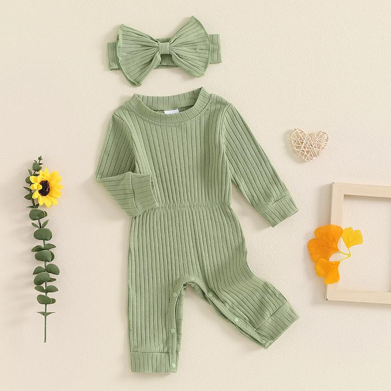 Citgeett Autumn Infant Baby Girl Fall Outfits Long Sleeve Ribbed Jumpsuit Headband Set Fall Clothes
