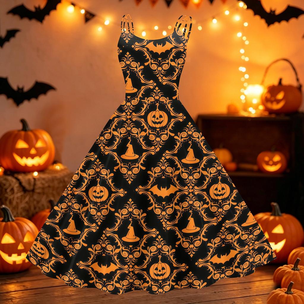 Women's Halloween Pumpkin Print Off Shoulder Dress Vintage Punk Style Flared Skirt Sleeveless Spaghetti Strap Dress