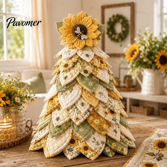 Tischmitte Sonnenblume Biene Baum DIY Bastelset, 3D gestepptes Stoff-Baumwoll-Patchwork-Set, Handgefertigte Tischdekoration für Wohnzimmer Schlafzimmer