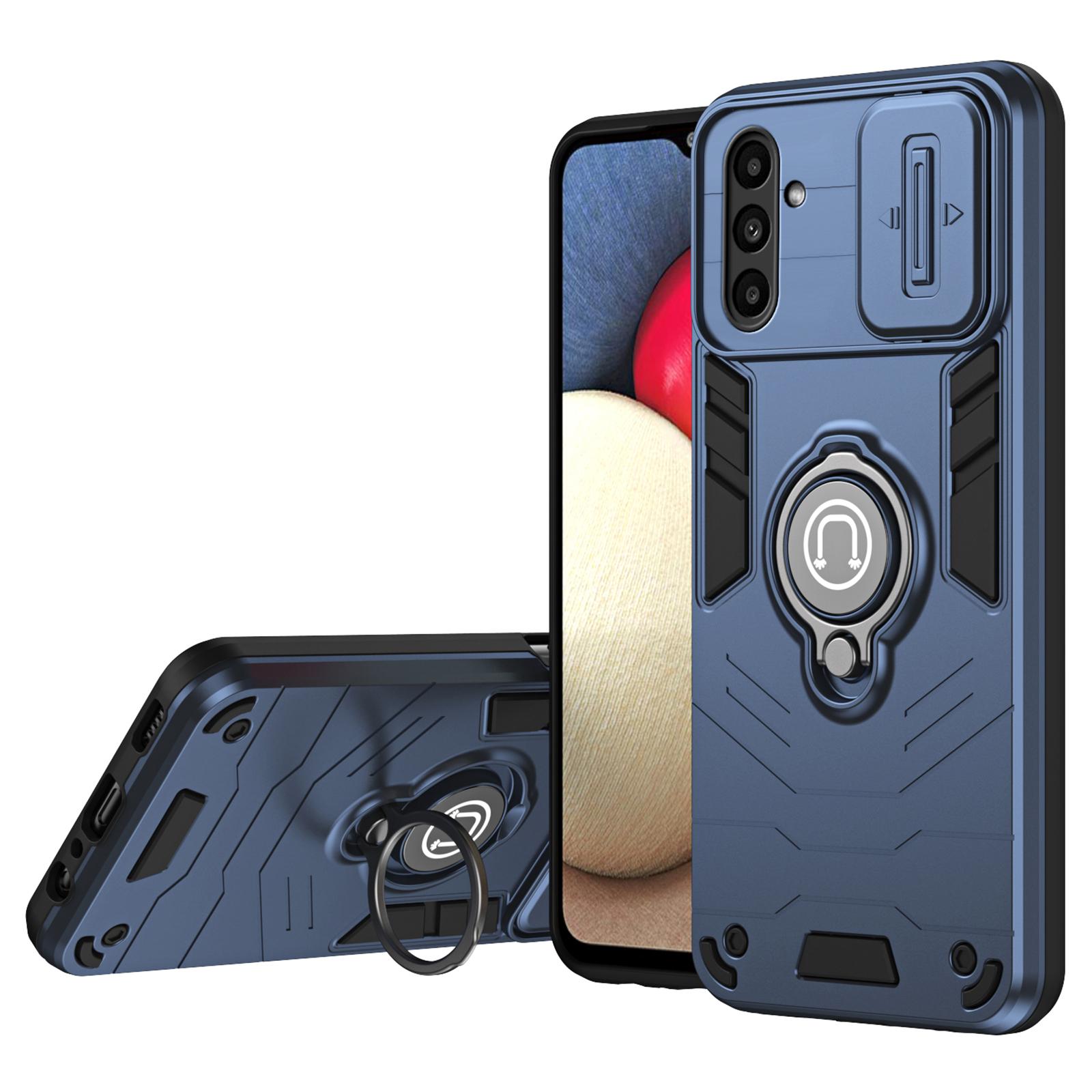 

For Samsung Galaxy A14 5G/4G Case PC+TPU Ring Kickstand Phone Cover with Slide Lens Lid Blue